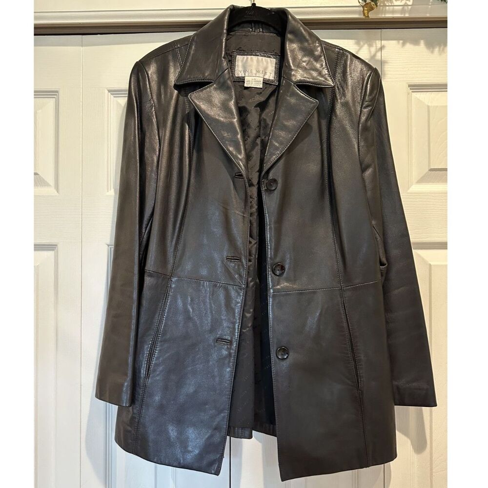Vintage Nine West Genuine Leather Jacket Womens Large Black Car Coat Blazer Y2K